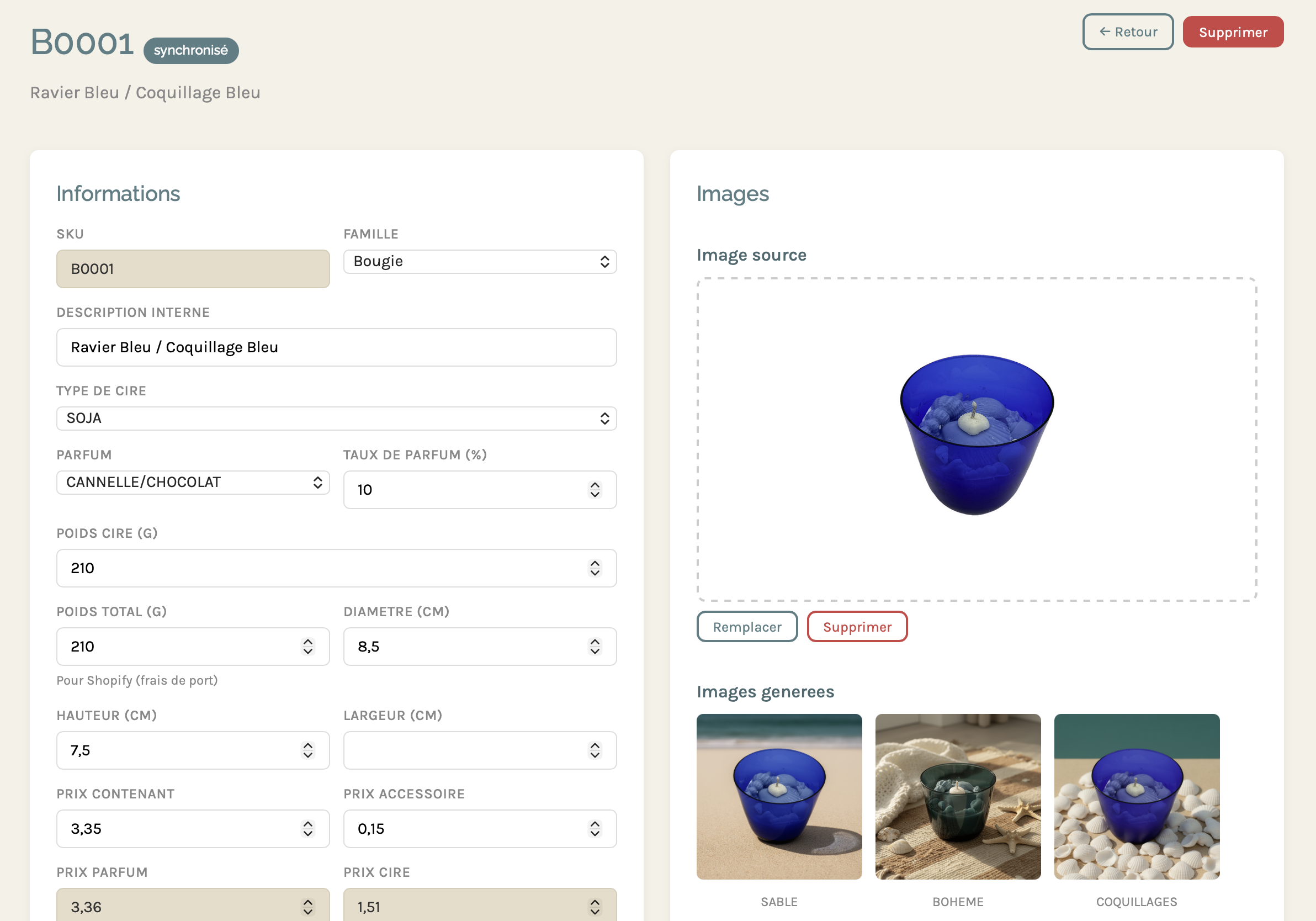 Product page B0001 in the backoffice — technical information and source image