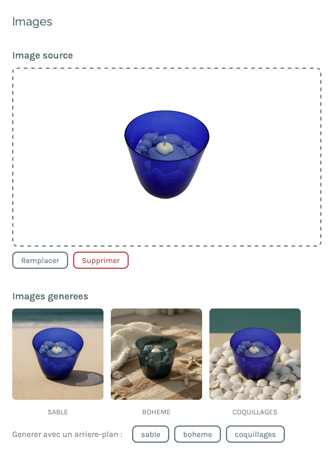 Images section of the product page — source image and 3 generated visuals: Sand, Bohemian, Seashells