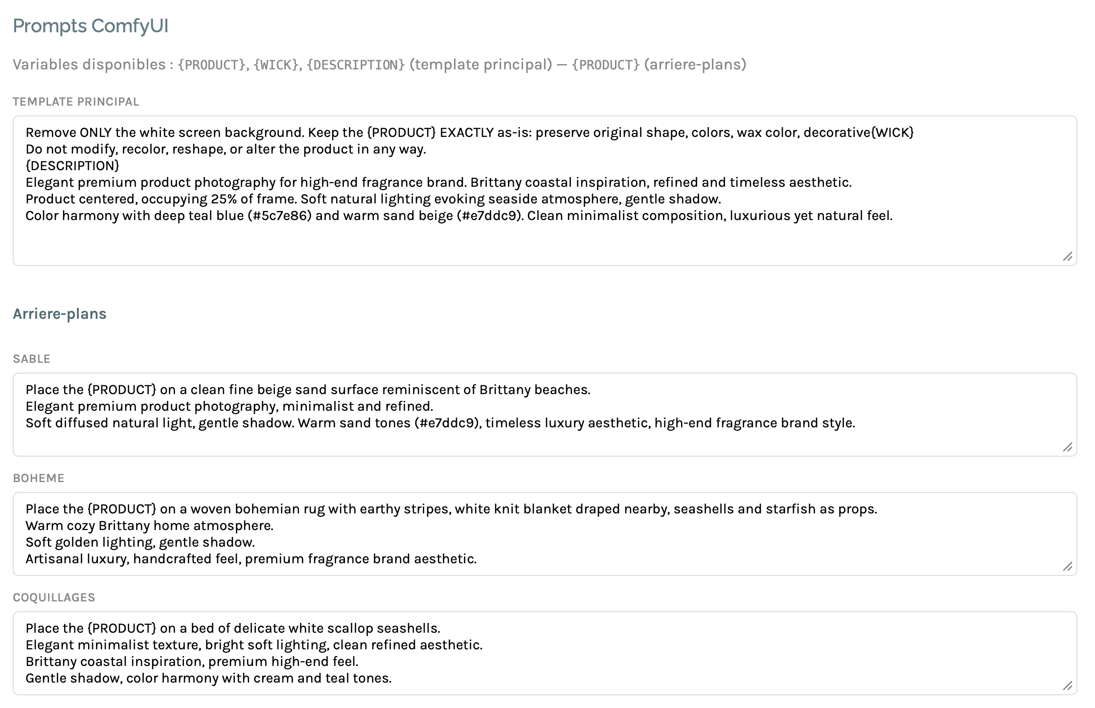 ComfyUI prompt configuration — main template and Sand, Bohemian, Seashells backgrounds