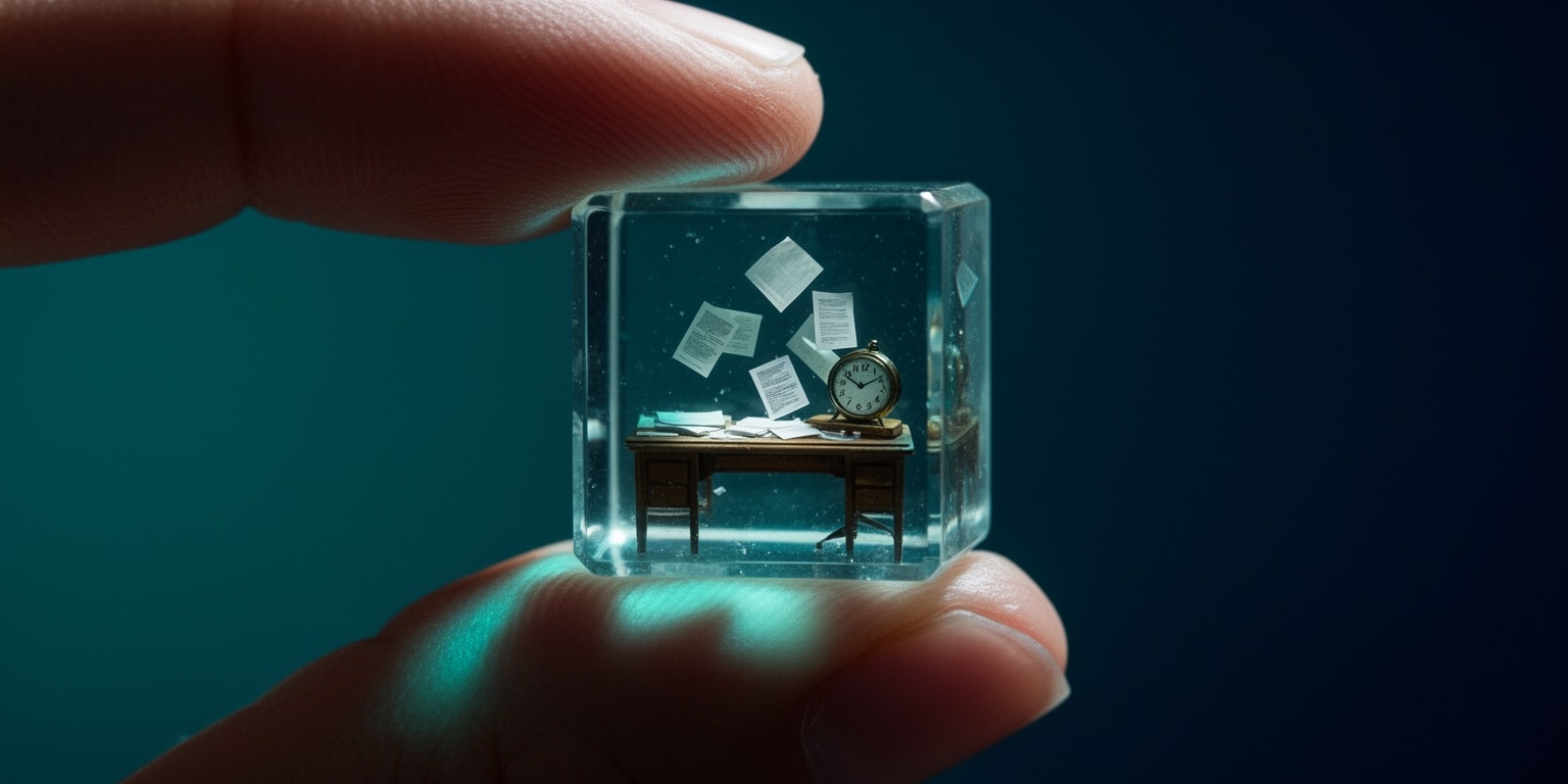 Une main tenant un petit cube de verre contenant un bureau miniature, un réveil et des feuilles figées en plein vol